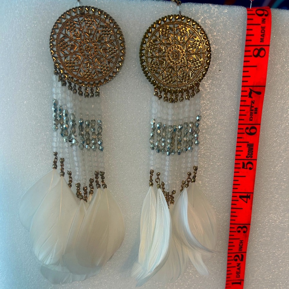 White Raven Feather Earrings Beaded